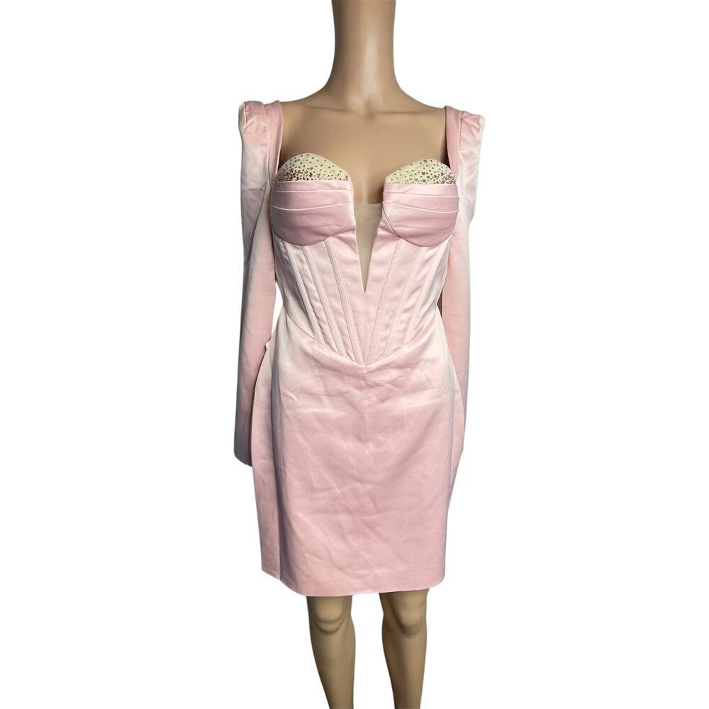 Miss Circle Camila Pink Satin Corset Mini Dress size S New long sleeve Pastel - Picture 3 of 13